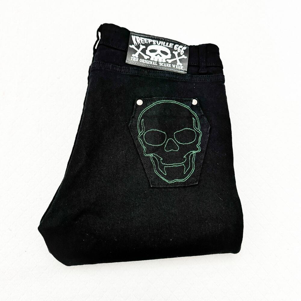 Kreepsville 66 Skeleton Printed Graphic Pocket Green Stitched Denim Jean Size 36